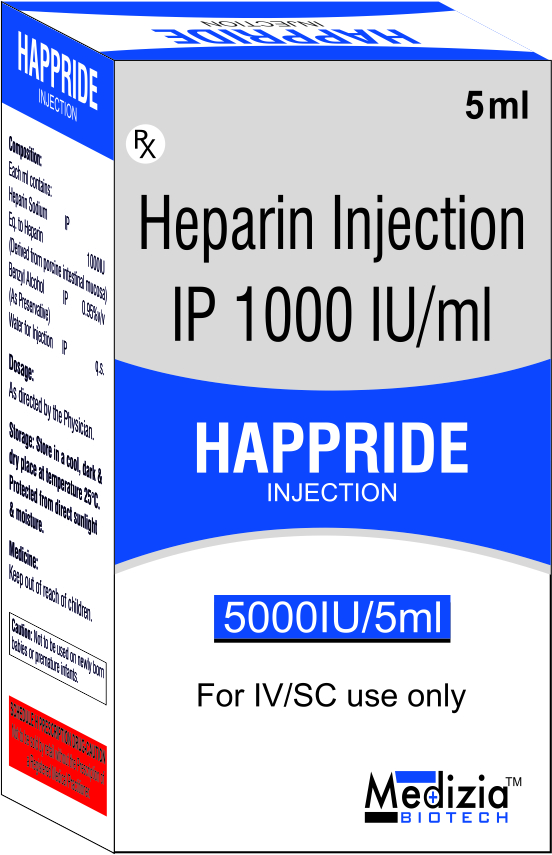 Product Name: HAPPRIDE, Compositions of Heparin Injection IP 1000 IU/ml are Heparin Injection IP 1000 IU/ml - Medizia Biotech