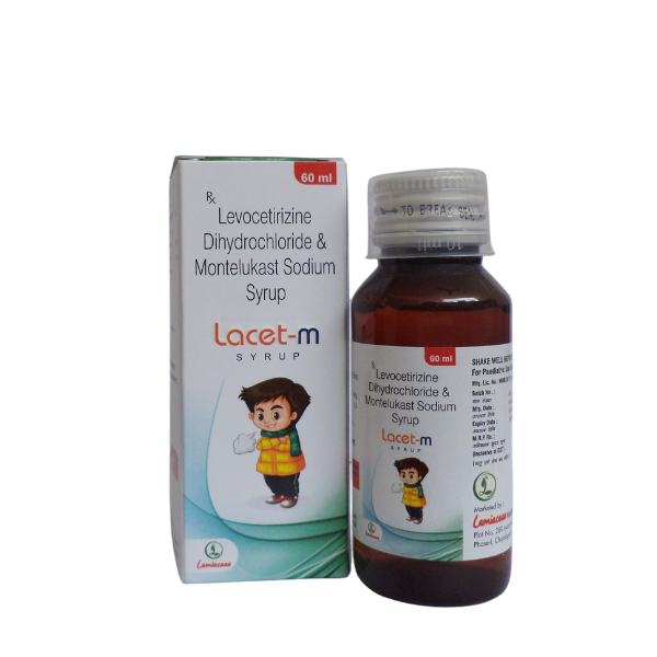 Product Name: Lacet M, Compositions of Lacet M are Levocetirizine Dihydrochloride & Montelukast Sodium Syrup - Lamiaceae HealthCare