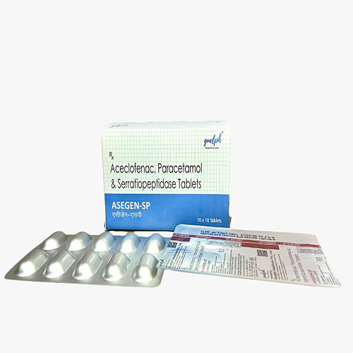 Product Name: Asegen Sp, Compositions of Aceclofenac,Paracetamol & Serratiopeptidase Tablets are Aceclofenac,Paracetamol & Serratiopeptidase Tablets - Guelph Healthcare Pvt. Ltd