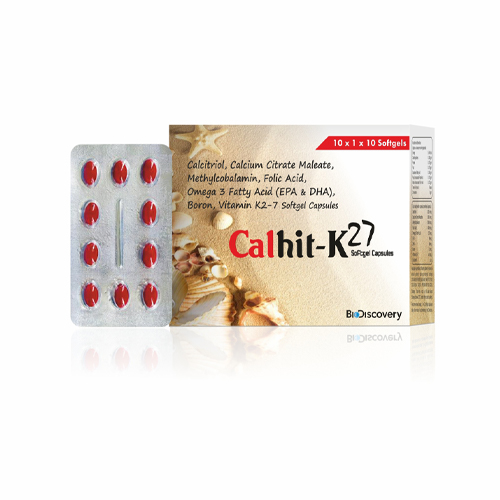 Product Name: Calhit K27, Compositions of Calhit K27 are Calcitriol, Calcium Citrate Maleate, Methylcobalamin, Folic Acid, Omega 3 Fatty Acid (EPA & DHA), Boron, Vitamin K2-7 Softgel Capsules - Biodiscovery Lifesciences Private Limited