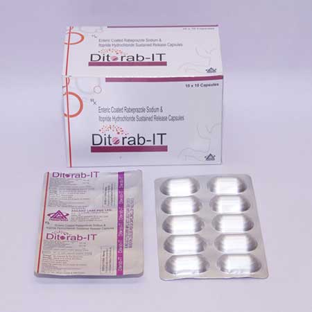 Product Name: Ditorab IT, Compositions of Entric-Coated Rabeprazole  Sodium & Itopride Hydrochloride Sustained Release Capsules are Entric-Coated Rabeprazole  Sodium & Itopride Hydrochloride Sustained Release Capsules - Asgard Labs Private Limited