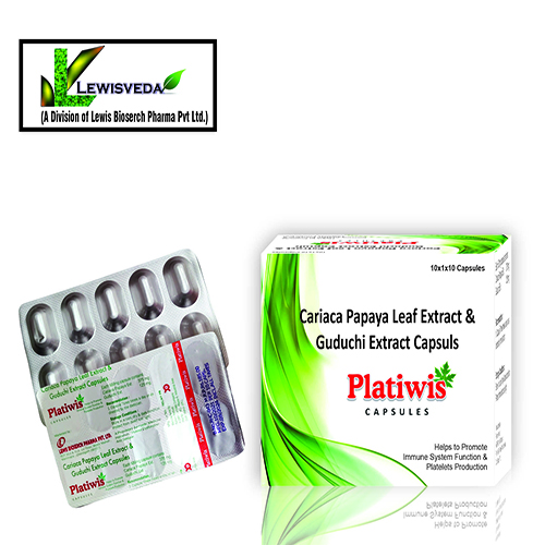Product Name: Platiwis, Compositions of Platiwis are Cariaca Papaya Leaf Extract & Guduchi Extract Capsules - Lewis Bioserch Pharma Pvt. Ltd