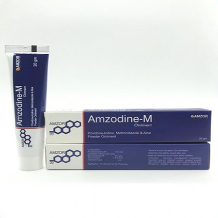 Product Name: Amzodine M, Compositions of are Pivodine-Iodine Metronidazole & Aloe Powder Ointment - Amzor Healthcare Pvt. Ltd