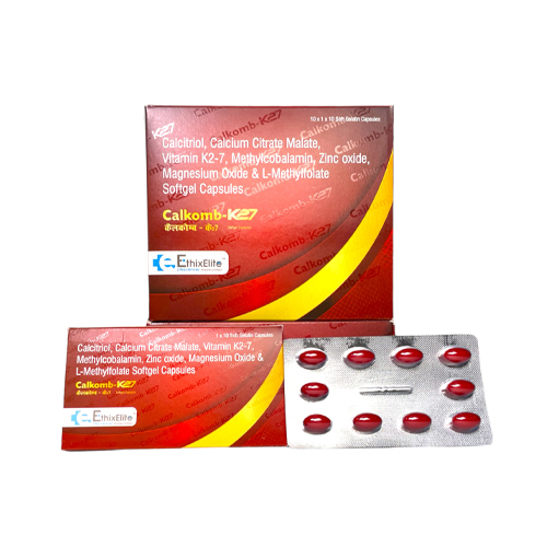 Product Name: CALKOMB KE7, Compositions of are Calcitriol, Calcium Citrate Malate, Vitamin K2-7, Methycobalamin, Zinc Oxide Magnesium Oxide & L-Methylfolate Softgel Capsules  - EthixElite Lifesciences Private Limited