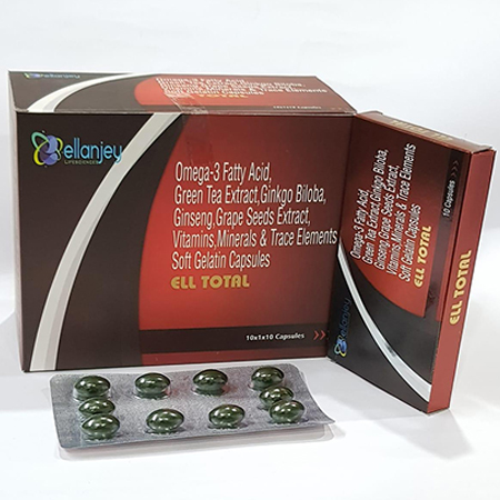 Product Name: ELL Total, Compositions of ELL Total are Omega 3 Fatty Acid, Green Tea Extract Ginkgo Biloba, Gingseng Grape Seeds Extracr, Vitamins Minerals & Trace Elements Soft Gelatin Capsules - Ellanjey Lifesciences