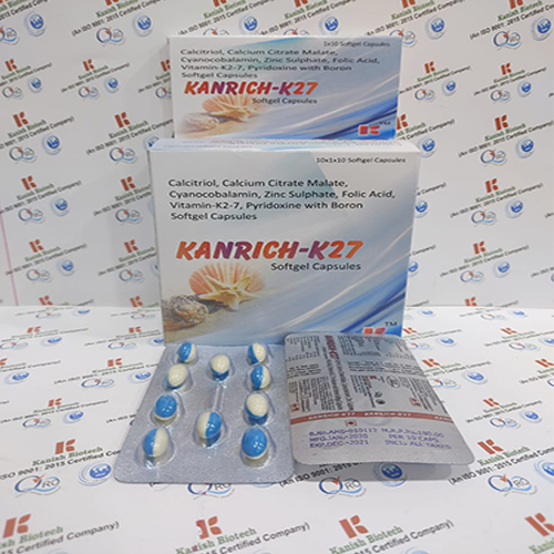 Product Name: Kanrich k27, Compositions of Kanrich k27 are Calcitriol Calcium Citrate Malate, Cyanocobalamin, Zinc Sulphate, Folic Acid , Vitamin k27, Pyridoxine with Boron Softgel Capsules - Kanish Biotech