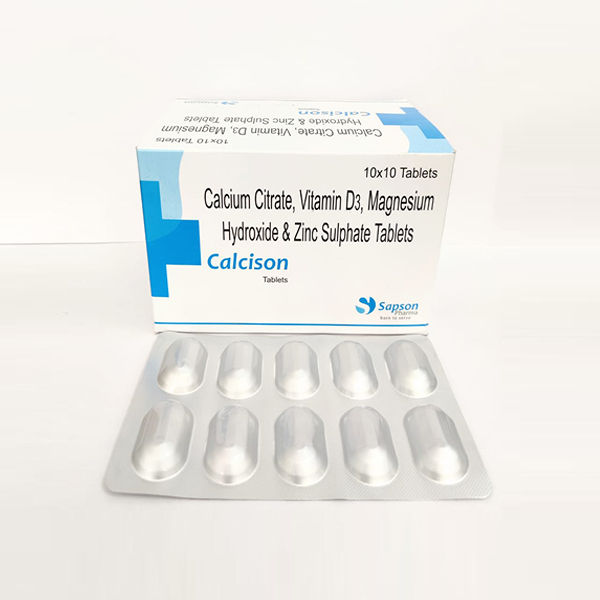 Product Name: Calcison, Compositions of Calcison are Calcium Citrate Vitamin D3 Magnesium Hydroxide & zinc Sulphate Tablets - Sapson Pharma