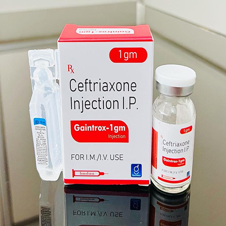 Product Name: Gaintrox 1 gm, Compositions of Gaintrox 1 gm are Ceftriaxone Injection I.P. - Gainmed Biotech Private Limited