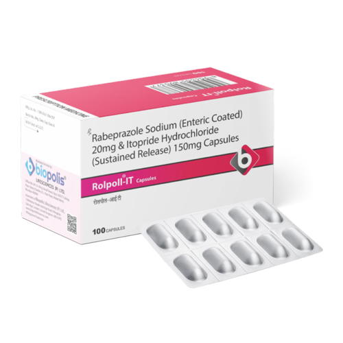 Product Name: ROLPOLL IT, Compositions of Rabeprazole Sodium (Enteric Coated) 20mg & Itopride Hydrochloride (Sustained Release) 150mg Capsules are Rabeprazole Sodium (Enteric Coated) 20mg & Itopride Hydrochloride (Sustained Release) 150mg Capsules - Biopolis Lifesciences Private Limited