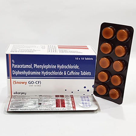 Product Name: Snowy GO CF, Compositions of Snowy GO CF are Paracetamol, Phenylephrine Hydrochloride, Diphenhydramine Hydrochloride & Caffeine Tablets - Ellanjey Lifesciences