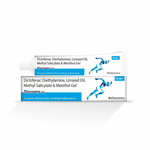 Product Name: Discovery gel, Compositions of Discovery gel are Diclofenac Diethylamine, Linseed Oil, Methyl Salicylate & Menthol Gel 30 gm.  - Biodiscovery Lifesciences Private Limited