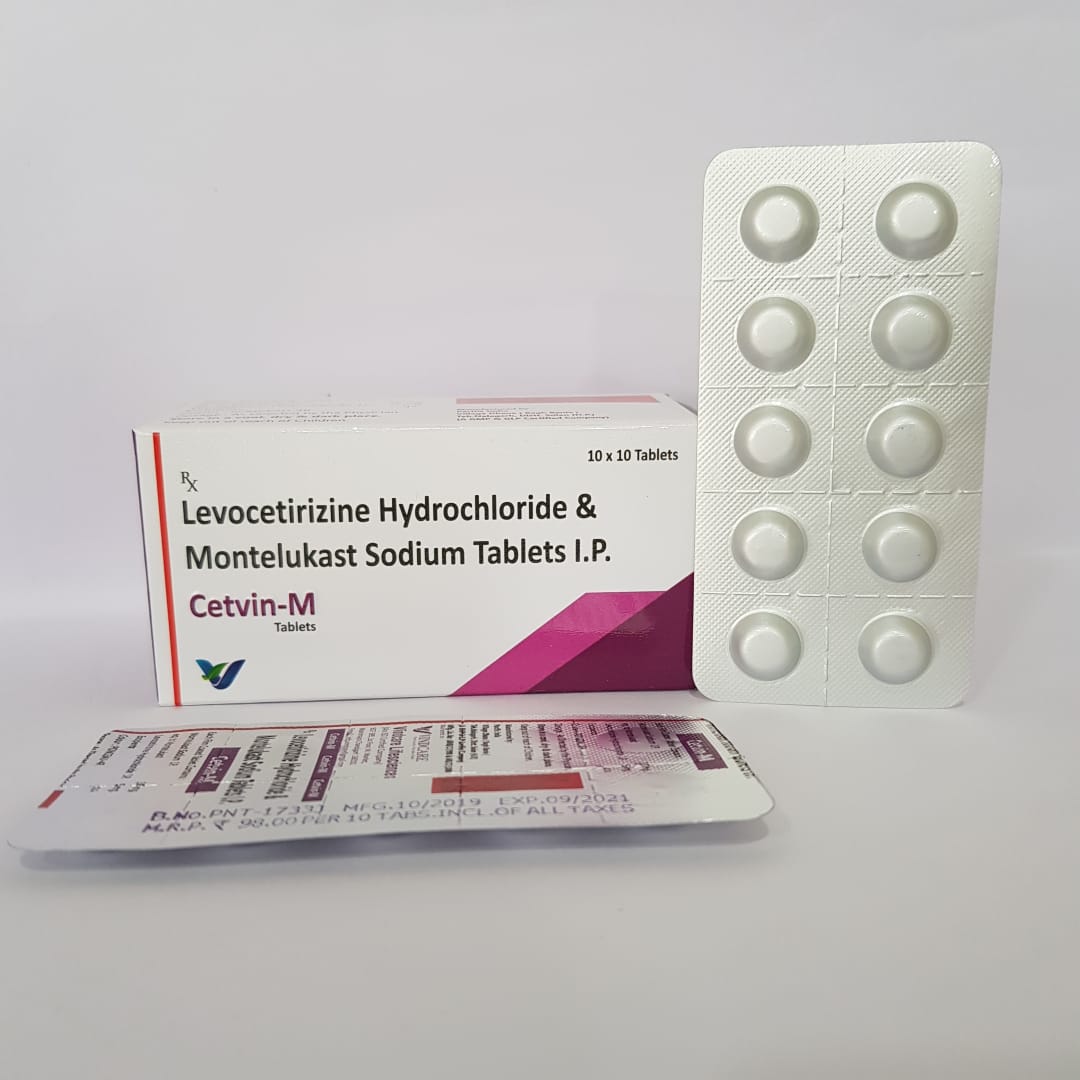 Product Name: CETVIN M, Compositions of CETVIN M are Levocetrizine Hydrochloride & Montelukast Sodium Tablets IP  - Vindcare Lifesciences