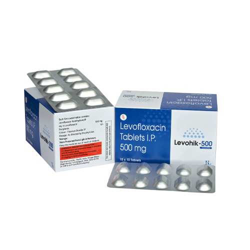 Product Name: Levohik 500, Compositions of Levohik 500 are Levofloxacin Tablets I.P. 500 mg - Hikona Lifesciences