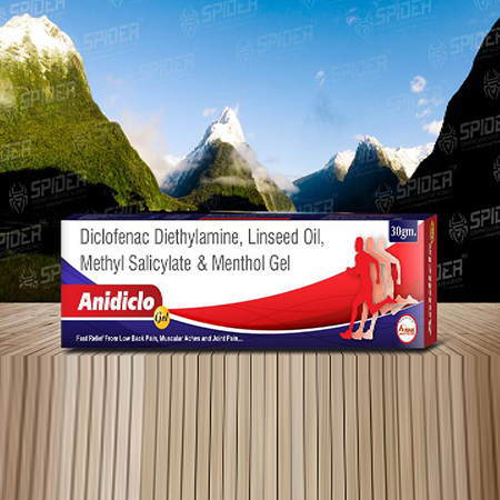 Product Name: Anidiclo, Compositions of Anidiclo are Diclofenac Diethylamine, Linseed oil, Methyl Salicylate & Menthol Gel - Aniak Healthcare