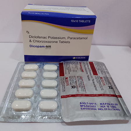 Product Name: Dicopam MR, Compositions of Dicopam MR are Diclofenac,Potassium,Paracetamol & Chlorzoxazone Tablets - Ceetox HealthCare Private Limited