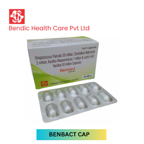 Product Name: BENBACT, Compositions of Streptococcus Faecalis 30 million, Clostridium Butyricum 2 million, Bacillus Measentericus 1 million & Lactic Acid Bacillus 50 million Capsules are Streptococcus Faecalis 30 million, Clostridium Butyricum 2 million, Bacillus Measentericus 1 million & Lactic Acid Bacillus 50 million Capsules - Bendic Healthcare Private Limited