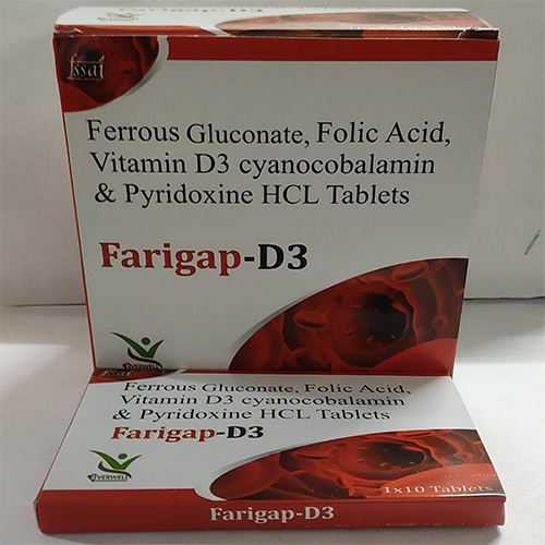 Product Name: Farigap D3 , Compositions of Farigap D3  are Ferrous Gluconate, Folic Acid, Vitamin D3 cyanocobalamin & Pyridoxine HCL Tablets  - Orange Biotech Private Limited