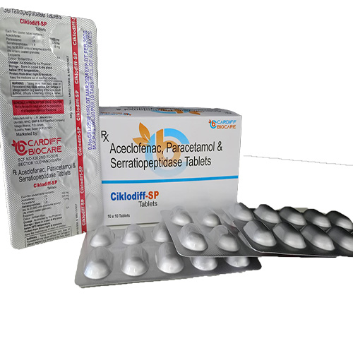 Product Name: Ciklodiff SP, Compositions of Aceclofenac, Paracetamol & Serratiopeptidase Tablets  are Aceclofenac, Paracetamol & Serratiopeptidase Tablets  - Cardiff Biocare