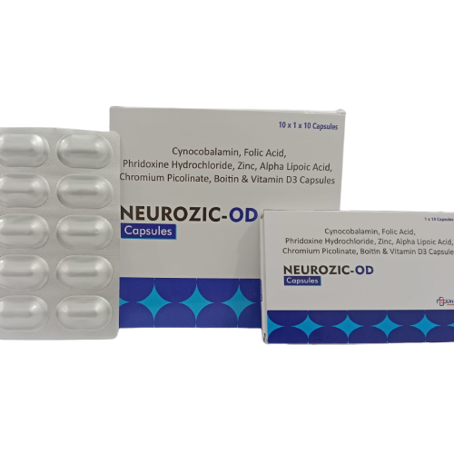 Product Name: NEUROZIC OD, Compositions of NEUROZIC OD are Cynocobalamin, Folic Acid, Phridoxine Hydrochloride, Zinc, Alpha Lipoic Acid, Chromium Picolinate, Boitin & Vitamin D3 Capsules - Uniblue Healthcare Private Limited