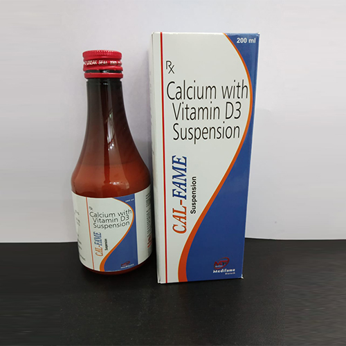 Product Name: Cal Fame, Compositions of Cal Fame are Calcium with Vitamin D3 Suspension - Medifame Biotech