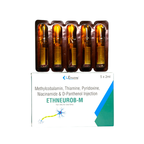 Product Name: ETHNEUROB M, Compositions of ETHNEUROB M are Methylcobalamin Thiamine, Pyridoxine, Miacinamide & D-Panthenol Injection Ethneurob-M - EthixElite Lifesciences Private Limited