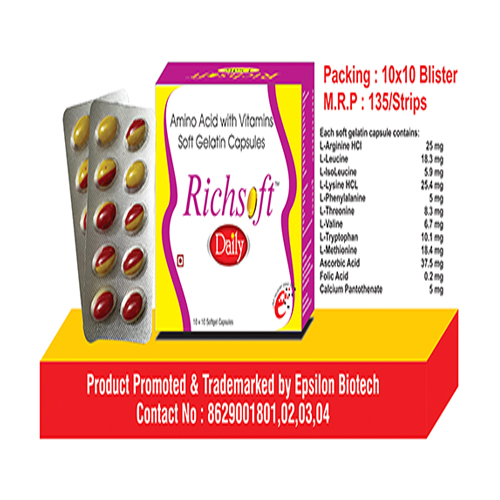 Product Name: Richsoft Daily, Compositions of Richsoft Daily are Amino Acid with Vitamins Soft Gelatin Capsules - Epsilon Biotech