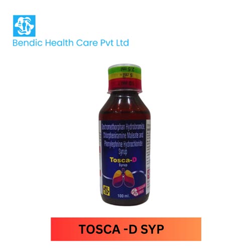 Product Name: TOSCA D SYP, Compositions of TOSCA D SYP are Dextromethorphan Hydrobromide,Chlopheniramine Maleate and Phenlephrine Hydrochloride syrup - Bendic Healthcare Private Limited