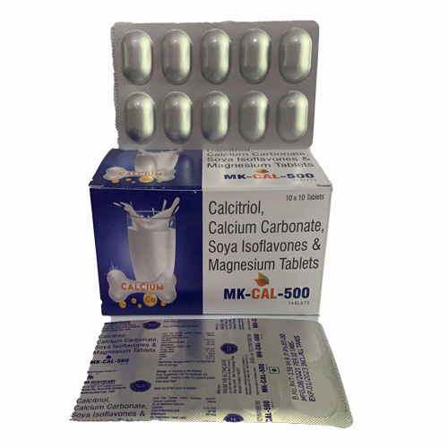 Product Name: MK CAL 500, Compositions of MK CAL 500 are Calcitriol, Calcium Carbonate, Soya Isoflavones & Magnesium Tablets - MK Healthcare