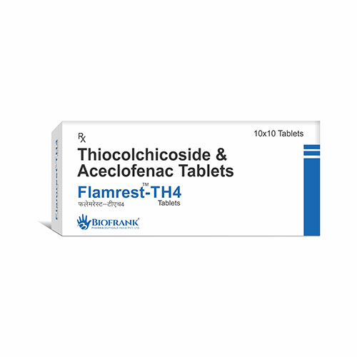 Product Name: Flamrest th4, Compositions of Flamrest th4 are Thiocolchicoside Aceclofenac Tablets  - Biofrank Pharmaceuticals India Private Limited