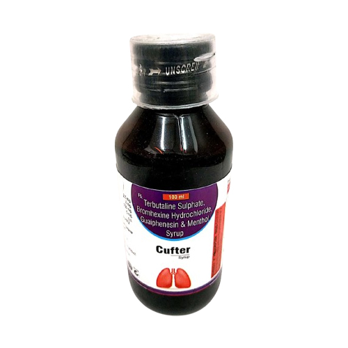 Product Name: CUFTER, Compositions of CUFTER are Terbulaline Sulphate, Brominexime Hydrochloride Guaiphenesin & Menthol Syrup - Insta Care Lifesciences