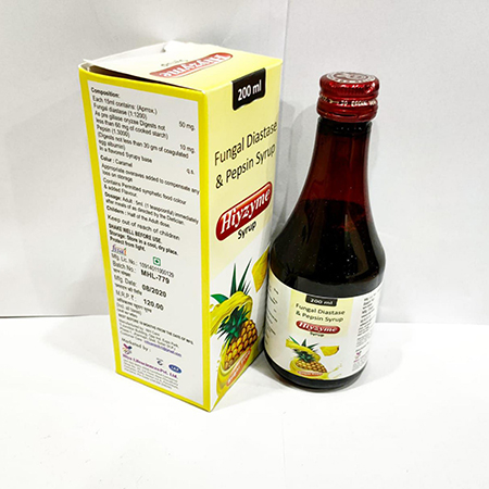 Product Name: Hiyzyme Syrup, Compositions of Hiyzyme Syrup are Fungal Diastase & Pepsin Syrup - Arvoni Lifesciences Private Limited