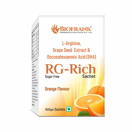 Product Name: RG Rich, Compositions of RG Rich are L-Arginine Grape Seed Extract & Docosahexaenoic Acid (DHA) - Biofrank Pharmaceuticals India Private Limited
