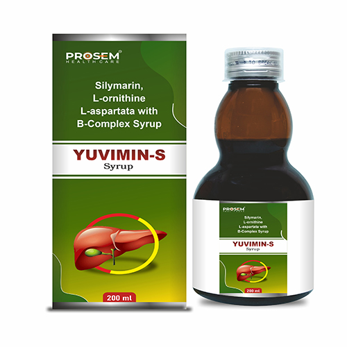 Product Name: YUVIMIN S, Compositions of YUVIMIN S are Silymarin L-ornithine L-aspartata with B-Complax Syrup - Prosem Healthcare