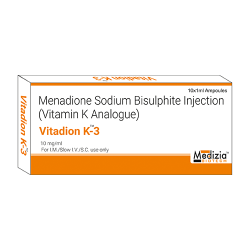 Product Name: Vitadion K 3, Compositions of Menadione Sodium Bisulphite Injection (Vitamin K Analogue) are Menadione Sodium Bisulphite Injection (Vitamin K Analogue) - Medizia Biotech