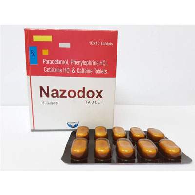 Product Name: NAZODOX, Compositions of NAZODOX are Paracetamol, Phenylephrine HCI, Caffeine and Diphenhydramine Hydrochloride Tablets. - Cubic Lifesciences Private Limited