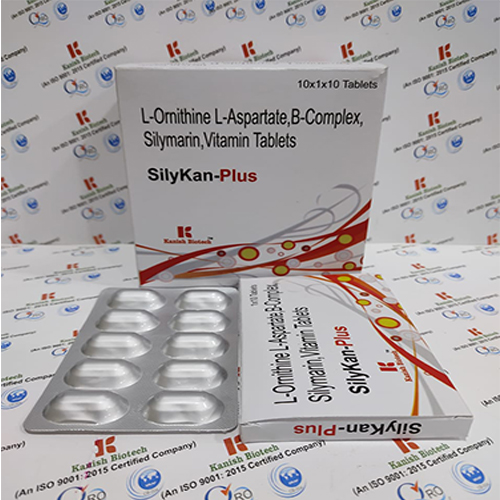 Product Name: Silykan Plus, Compositions of Silykan Plus are L-Ornithine L-Asparate, B-Complex, Silymarin, Vitamin Tablets - Kanish Biotech