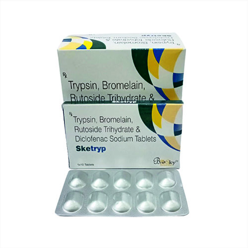 Product Name: Sketryp, Compositions of Sketryp are Trypsin Bromelain,Rutoside Trihydrate & Diclofenac Sodium Tablets - Biosky Remedies