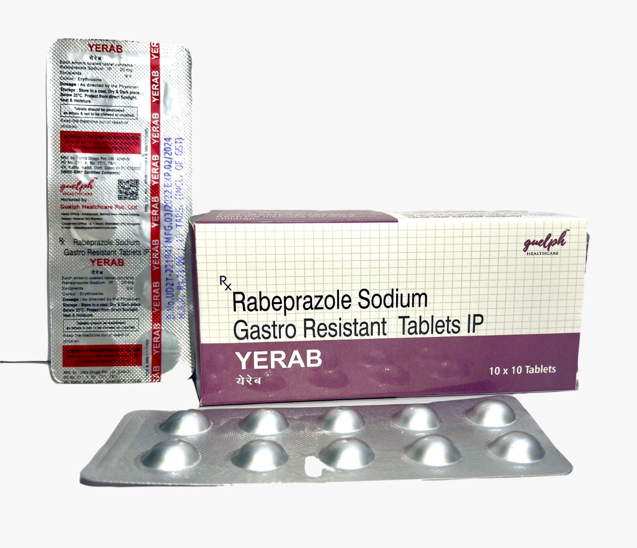 Product Name: YERAB Rabeprazole 20mg Tablets 10×10 Pack, Compositions of Rabeprazole 20mg Tablets are Rabeprazole 20mg Tablets - Guelph Healthcare Pvt. Ltd