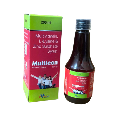 Product Name: Multieon, Compositions of Multieon are Multivitamin, L-Lysine & Zinc Sulphate Syrup - Mednus Healthcare