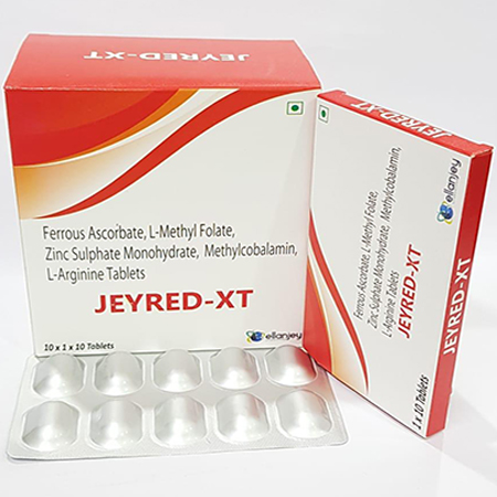 Product Name: Jeyred XT, Compositions of Jeyred XT are Ferrous Ascrobate, L-Methyl Folate, Zinc Sulphate Monohydrate, Methylcobalamin, L-Arginine Tablets - Ellanjey Lifesciences