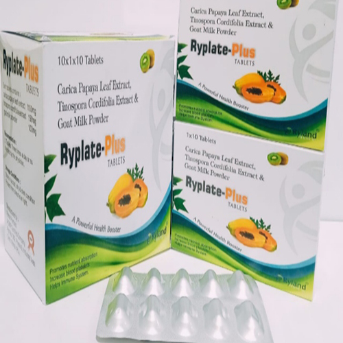 Product Name: Ryplate Plus, Compositions of Carica Papaya Leaf Extract Tinospora Cordifolia Extract & Goat Milk Powder are Carica Papaya Leaf Extract Tinospora Cordifolia Extract & Goat Milk Powder - Ryland Health Care