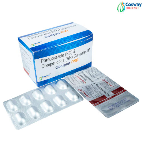 Product Name: COSIPAN DSR, Compositions of COSIPAN DSR are PANTOPRAZOLE 40 MG+ DOMPERIDONE 30 MG SR                                 - Cosway Biosciences