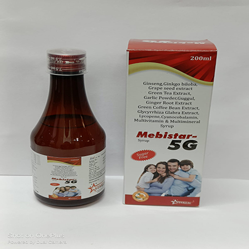 Product Name: Mebistar  5G, Compositions of Ginseng Ginkgo biloba, Grape seed extract Green Tea Extract, Garlic Powder, Guggul, Ginger Root Extract Green Coffee Bean Extract, Glycyrrhiza Glabra Extract. Lycopene, Cyanocobalamin, Multivitamin & Multimineral Syrup    are Ginseng Ginkgo biloba, Grape seed extract Green Tea Extract, Garlic Powder, Guggul, Ginger Root Extract Green Coffee Bean Extract, Glycyrrhiza Glabra Extract. Lycopene, Cyanocobalamin, Multivitamin & Multimineral Syrup    - Starzac Formulations Private Limited