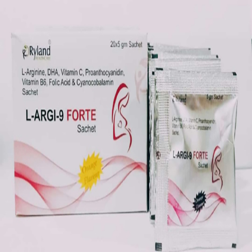 Product Name: L Argi 9 Forte, Compositions of L Argi 9 Forte are L-Arginine, DHA, Vitamin C, Proanthocyandin, Vitamin B6, Folic Acid & Cyanocobalamin Sachet  - Ryland Health Care