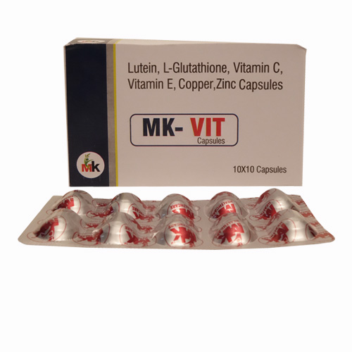 Product Name: MK  VIT, Compositions of Lutein, L-Glutathione, Vitamin C, Vitamin E, Copper, Zinc Capsules are Lutein, L-Glutathione, Vitamin C, Vitamin E, Copper, Zinc Capsules - MK Healthcare