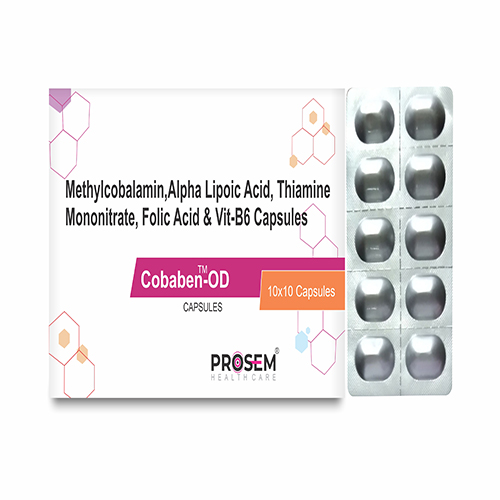 Product Name: Cobaben OD, Compositions of Methylcobalamin, Alpha Lipoic Acid,Thiamine Mononitrate,Folic Acid & Vit-B6 Capsules are Methylcobalamin, Alpha Lipoic Acid,Thiamine Mononitrate,Folic Acid & Vit-B6 Capsules - Prosem Healthcare