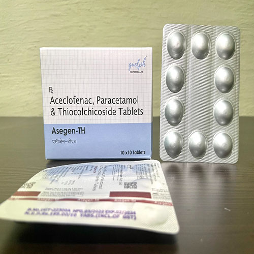 Product Name: Asegen TH, Compositions of Aceclofenac,Paracetamol & Thiocolchicoside Tablets are Aceclofenac,Paracetamol & Thiocolchicoside Tablets - Guelph Healthcare Pvt. Ltd