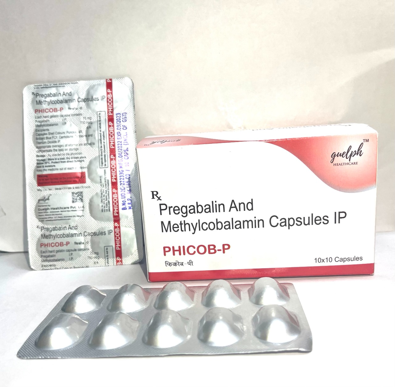 Product Name: PHICOB P Pregabalin + Methylcobalamin Capsules 10×10 Pack, Compositions of Pregabalin 75mg + Methylcobalamin 750mg Capsules are Pregabalin 75mg + Methylcobalamin 750mg Capsules - Guelph Healthcare Pvt. Ltd