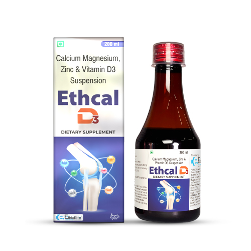 Product Name: ETHCAL D3, Compositions of ETHCAL D3 are Calcium Magensium, Vitamin D3 Suspension - EthixElite Lifesciences Private Limited