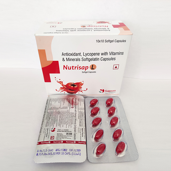 Product Name: Nutrisap l, Compositions of Nutrisap l are Antioxidant Lycopene with Vitamins & Minerals Softgelatin Capsules - Sapson Pharma